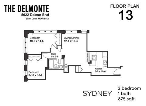 Floor plan for 2 beds, 1 bath, 875 sqft